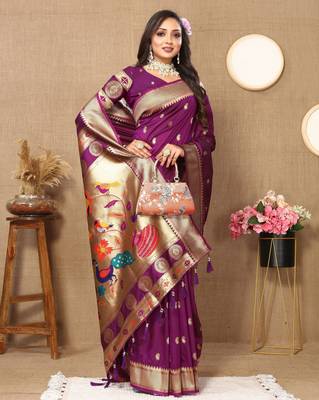 Wine paithani silk blend woven meenakari jacquard traditional rich ethnic saree 4