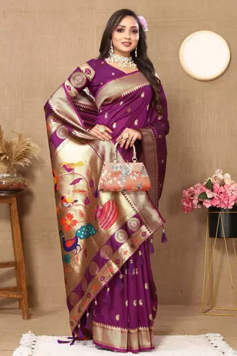 Wine paithani silk blend woven meenakari jacquard traditional rich ethnic saree