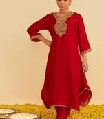 Red embroidered silk kurta set