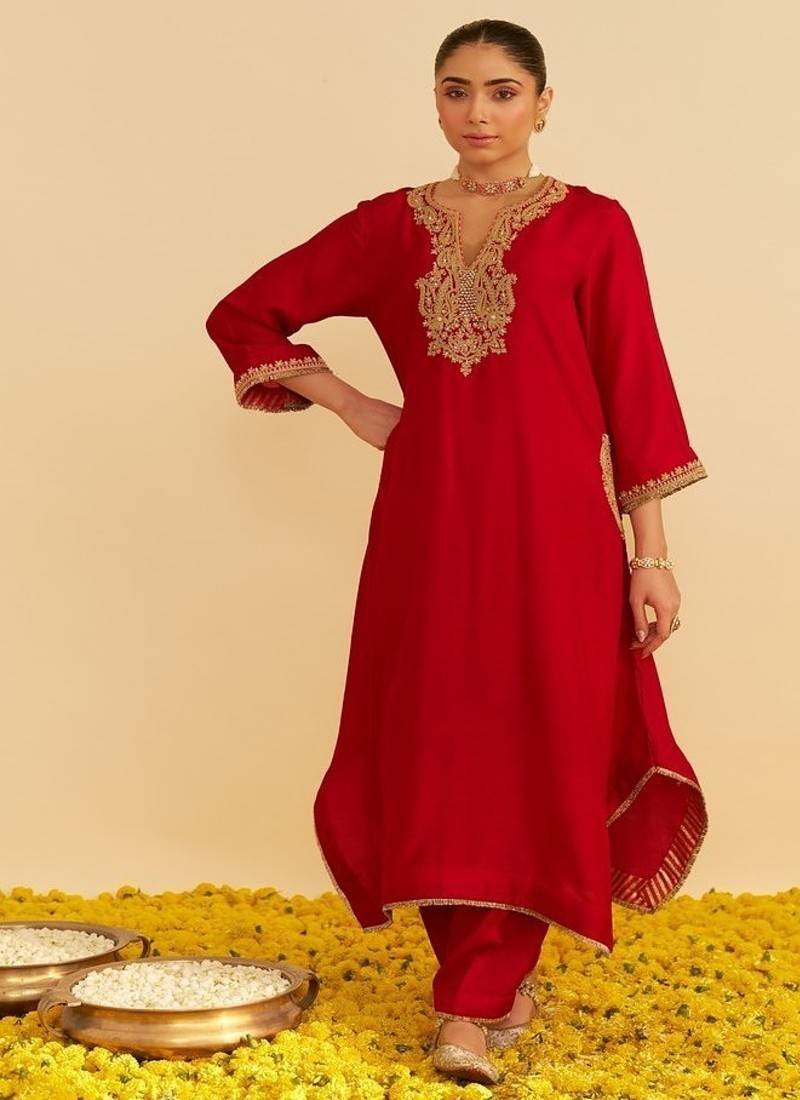Red embroidered silk kurta set