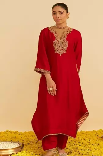 Red embroidered silk kurta set