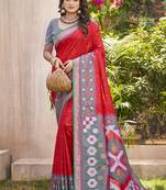 Red color pochampalli silk woven festive wear saree