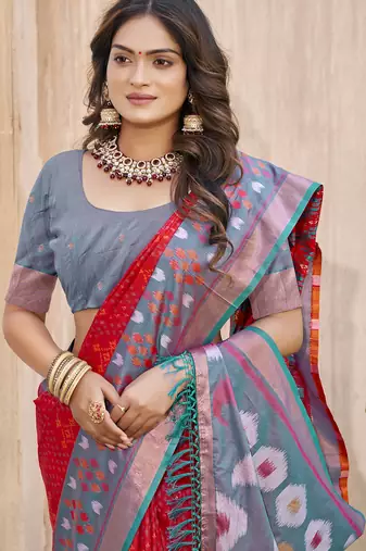 Red pochampalli silk blend woven festive wear saree