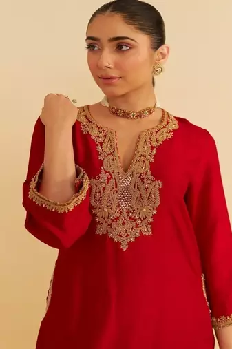 Red embroidered silk kurta set