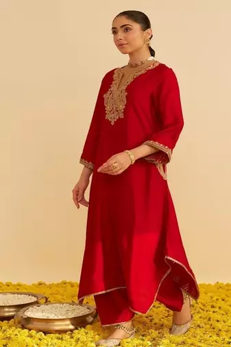 Red embroidered silk kurta set