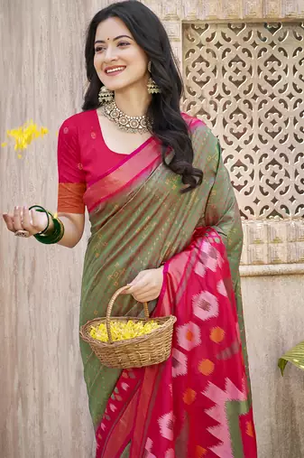 Mahendi green pochampalli silk blend woven festive wear saree