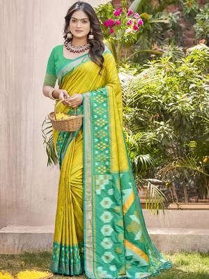 Lemon pochampalli silk blend woven festive wear saree 1
