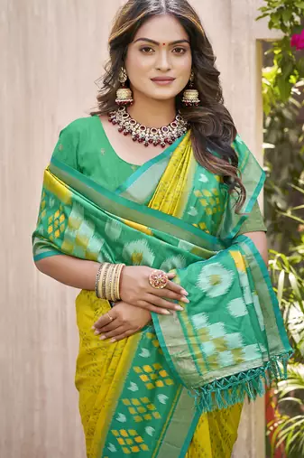 Lemon pochampalli silk blend woven festive wear saree