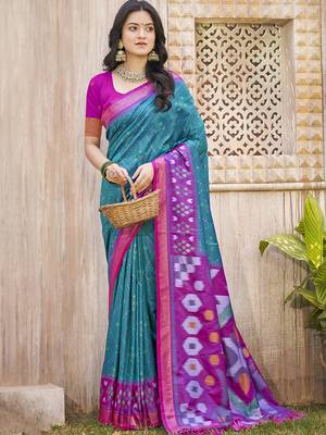 Teal green pochampalli silk blend woven festive wear saree 1