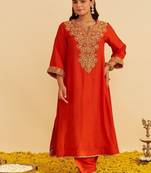 Orange embroidered silk kurta set