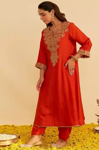 Orange embroidered silk kurta set