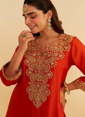 Orange embroidered silk kurta set 3