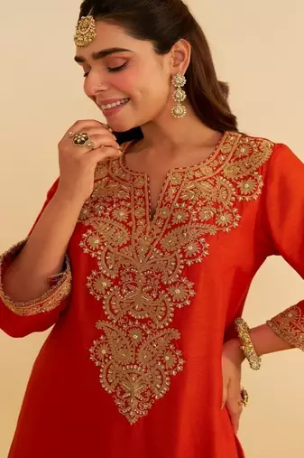 Orange embroidered silk kurta set