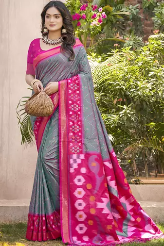 Grey color pochampalli silk woven designer festive wear saree