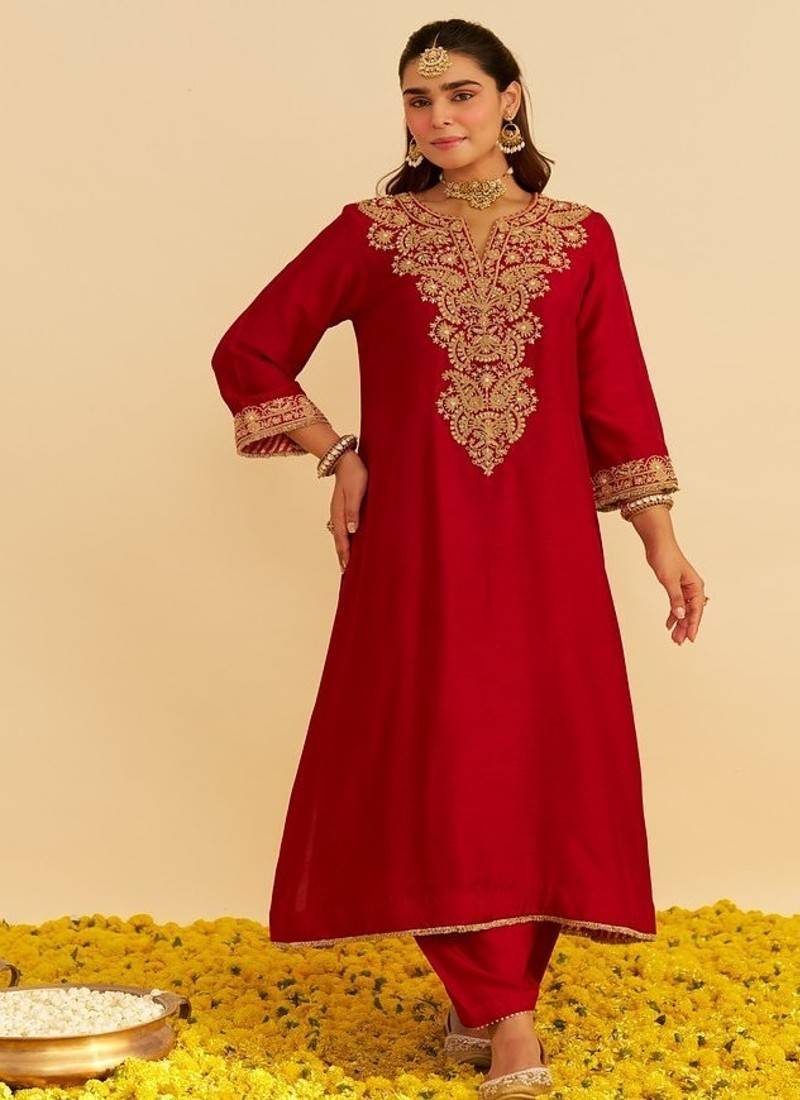 Red embroidered silk kurta set