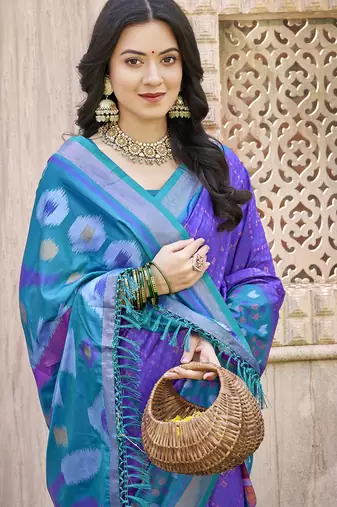 Violet pochampalli silk blend woven festive wear saree