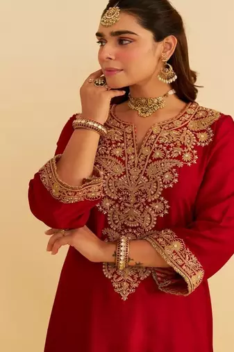 Red embroidered silk kurta set
