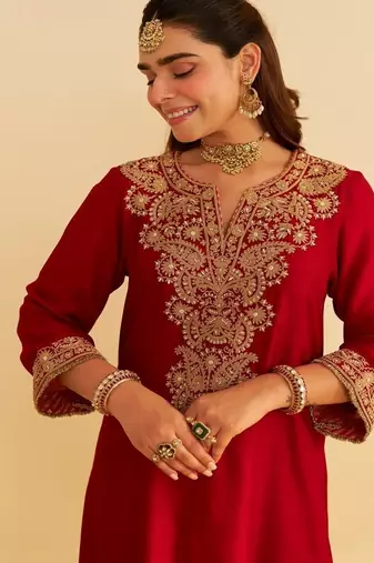 Red embroidered silk kurta set