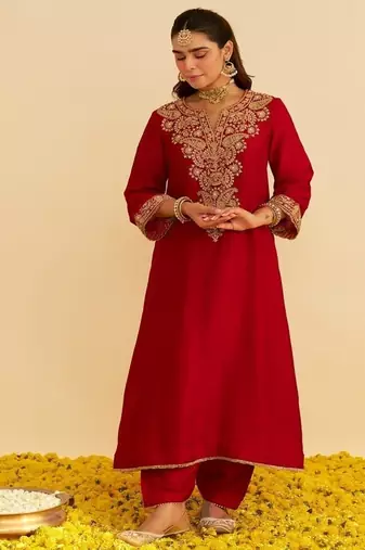 Red embroidered silk kurta set