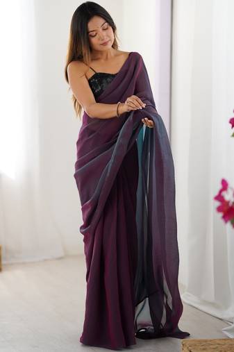 Purple color glassy two tone fabric bollywood style ready to wear saree