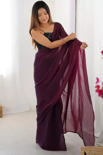 Wine color glassy two tone fabric bollywood style ready to wear saree