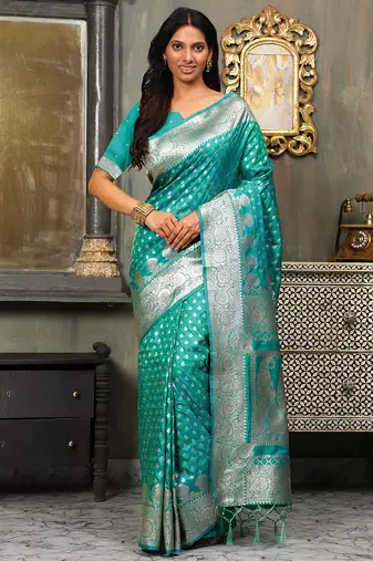 Rama green color banarasi silk woven designer ethnic ceremonial wear graceful saree