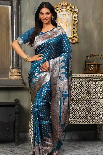 Blue color banarasi silk woven designer ethnic ceremonial wear graceful saree