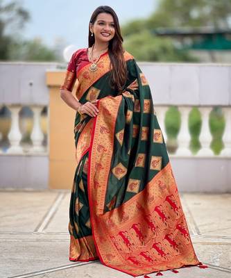Green woven meenakari faux banarasi silk blend saree 1