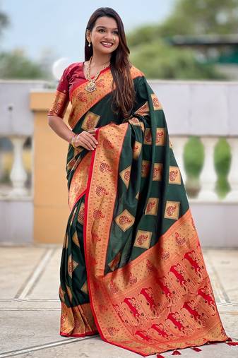Green color beautiful woven designer meenakari banarasi silk saree