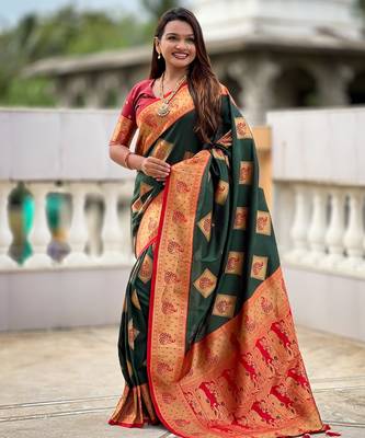Green woven meenakari faux banarasi silk blend saree 4