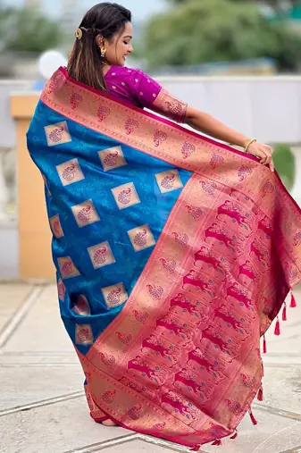 Teal blue woven meenakari faux banarasi silk blend saree