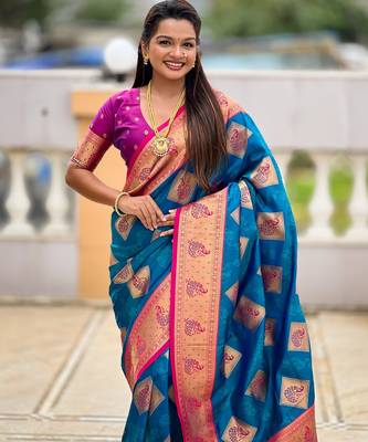 Teal blue woven meenakari faux banarasi silk blend saree 3