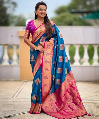 Teal blue woven meenakari faux banarasi silk blend saree 4