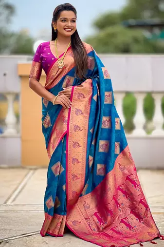 Teal blue woven meenakari faux banarasi silk blend saree