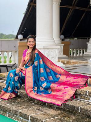 Teal blue woven meenakari faux banarasi silk blend saree 5