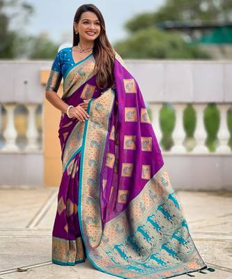 Magenta woven meenakari faux banarasi silk blend saree 1