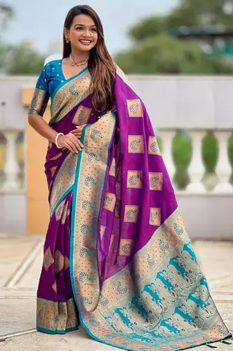 Magenta color beautiful woven designer meenakari banarasi silk saree