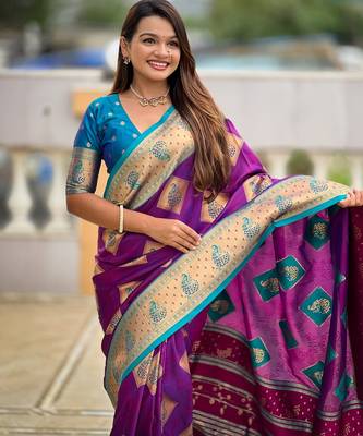Magenta woven meenakari faux banarasi silk blend saree 3