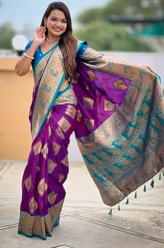 Magenta woven meenakari faux banarasi silk blend saree