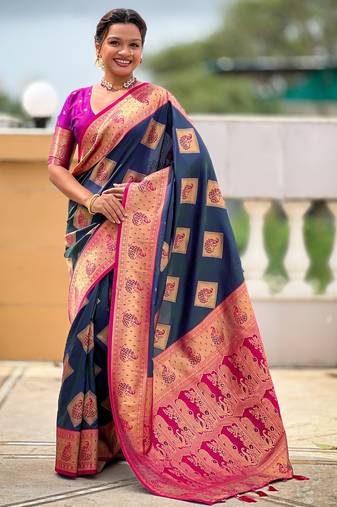 Morpich color beautiful woven designer meenakari banarasi silk saree