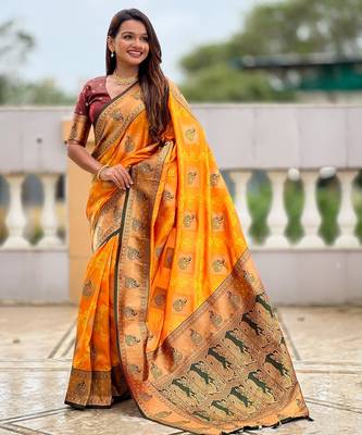 Mustard woven meenakari faux banarasi silk blend saree 1