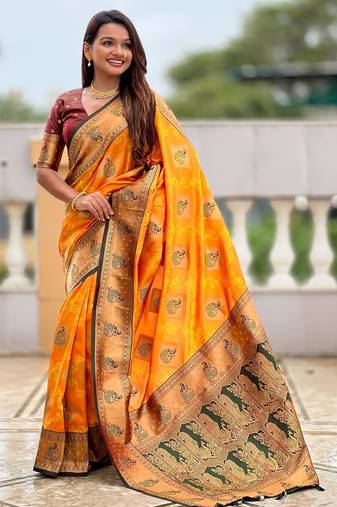 Mustard color beautiful woven designer meenakari banarasi silk saree