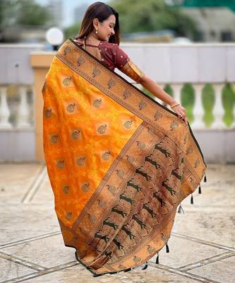 Mustard woven meenakari faux banarasi silk blend saree 2