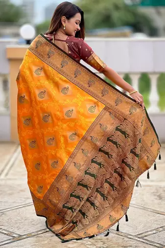 Mustard woven meenakari faux banarasi silk blend saree