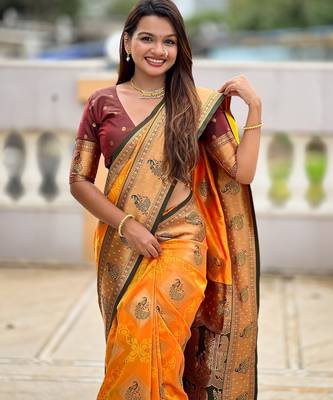Mustard woven meenakari faux banarasi silk blend saree 3