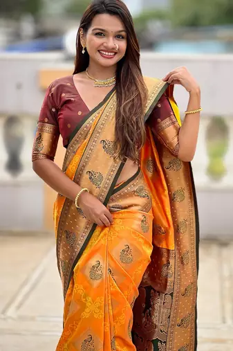 Mustard woven meenakari faux banarasi silk blend saree