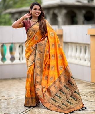 Mustard woven meenakari faux banarasi silk blend saree 4