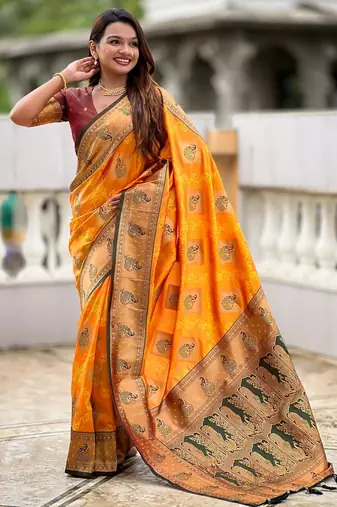 Mustard woven meenakari faux banarasi silk blend saree