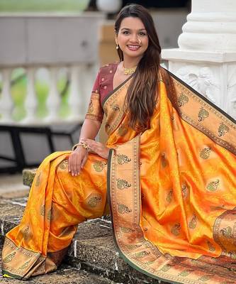 Mustard woven meenakari faux banarasi silk blend saree 5