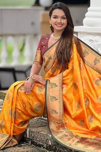 Mustard woven meenakari faux banarasi silk blend saree